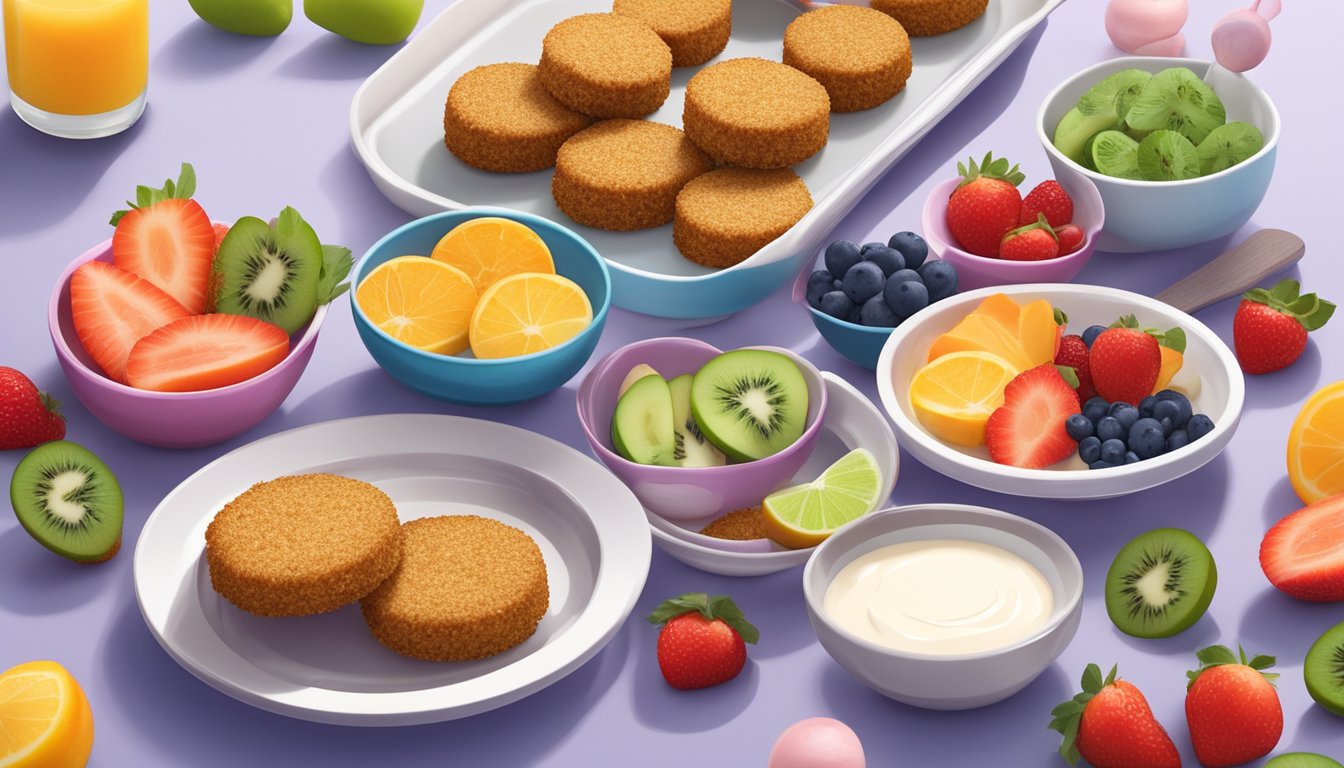 A colorful array of mini quinoa patties arranged on a plate, surrounded by small bowls of fresh fruit and yogurt. A cheerful, child-friendly breakfast setting