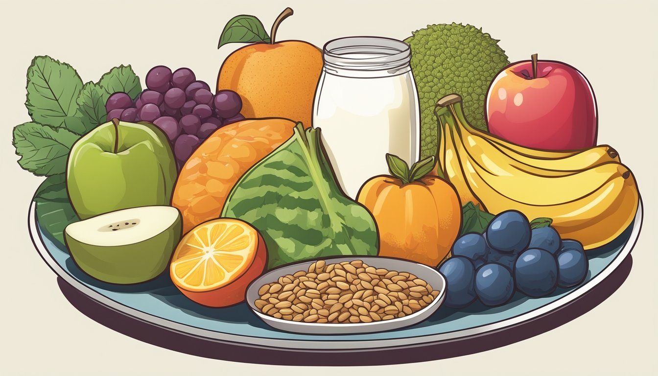 A colorful array of fruits, vegetables, and whole grains arranged on a child-friendly plate, with a small cup of dairy-free milk or alternative