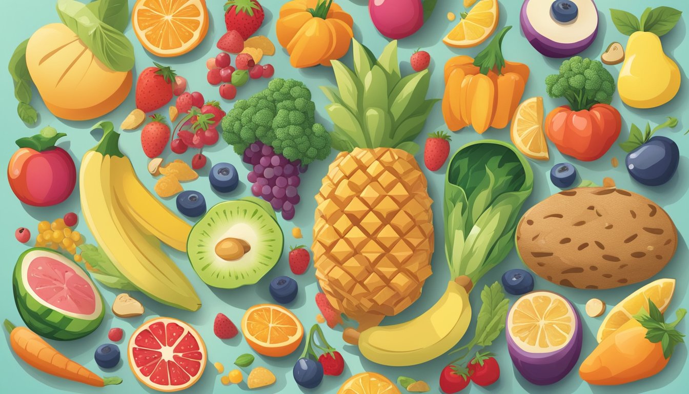 A colorful array of fruits, vegetables, and whole grains arranged on a child-friendly plate, surrounded by happy, playful food characters