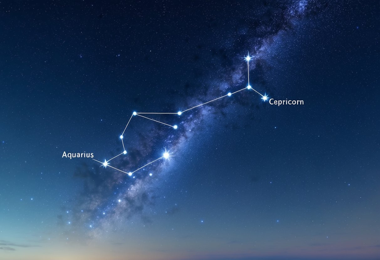 A serene night sky with the constellations of Aquarius and Capricorn in close proximity, their stars twinkling harmoniously