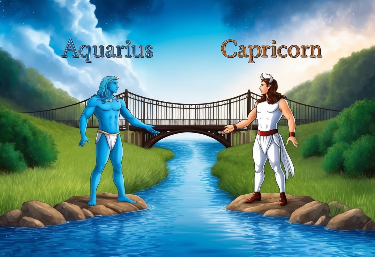 An Aquarius and Capricorn standing on opposite sides of a river, reaching out towards each other with a bridge connecting their two worlds