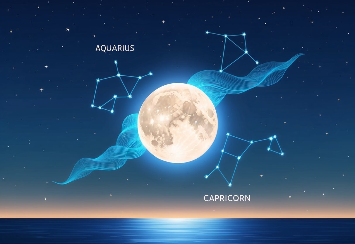 A serene night sky with a bright full moon, where the constellations of Aquarius and Capricorn are depicted in a harmonious embrace