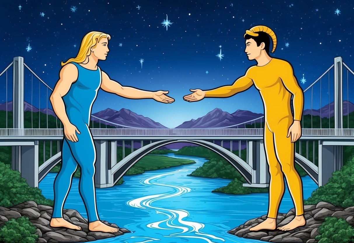 An Aquarius and Capricorn standing on opposite sides of a bridge, reaching out to each other across a flowing river, with a background of starry night sky and mountains