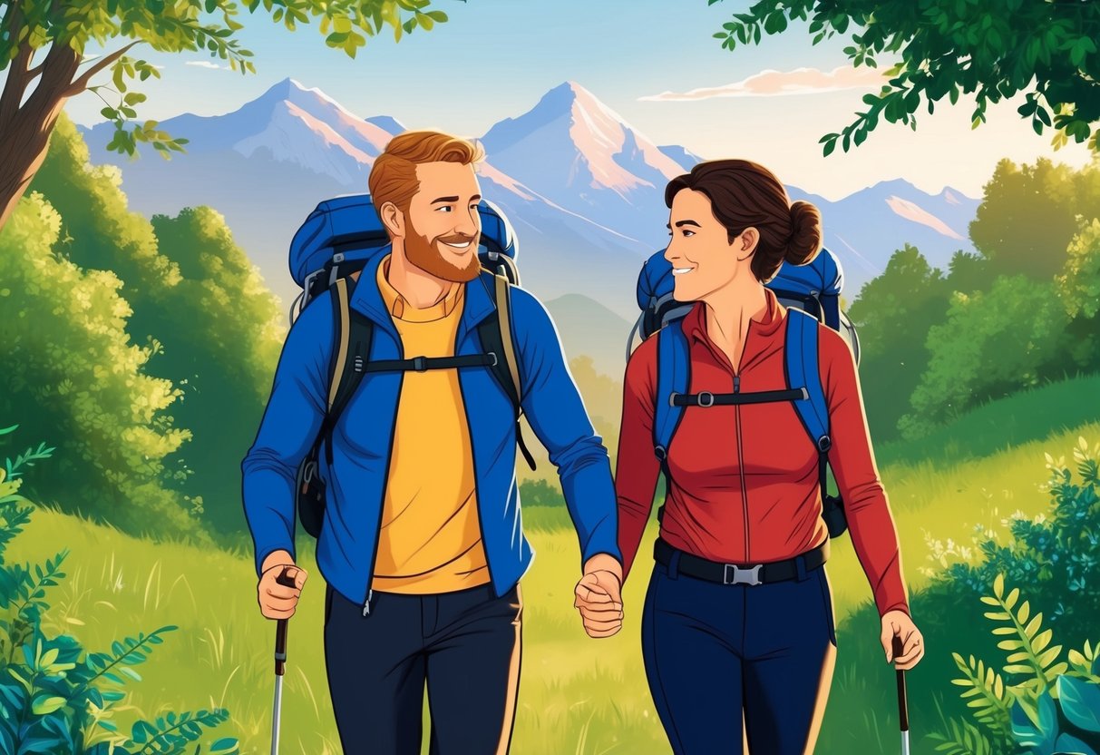 An Aquarius and Capricorn enjoying a peaceful morning hike together, surrounded by lush greenery and a serene mountain backdrop