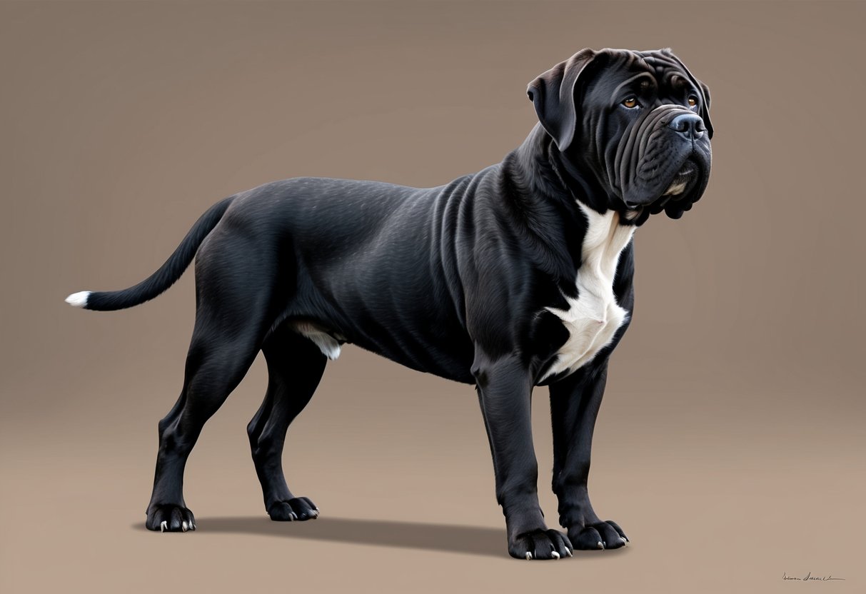 A Neapolitan Mastiff dog stands stoically, with a powerful and imposing presence, its wrinkled face and massive frame exuding a calm yet formidable temperament