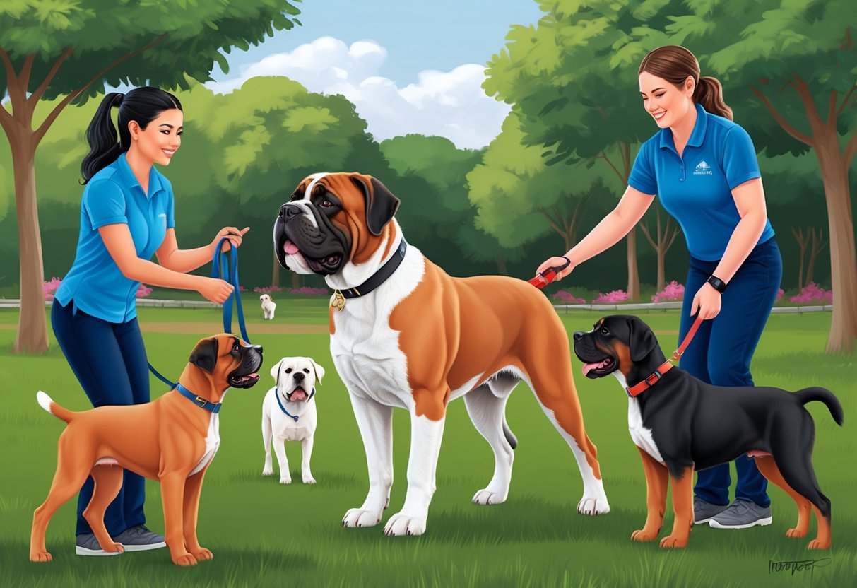 A Neapolitan Mastiff dog being trained and socialized in a park with other dogs and a trainer