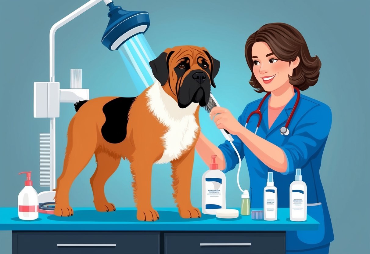 A Neapolitan Mastiff dog being groomed by a veterinarian, surrounded by medical equipment and care products