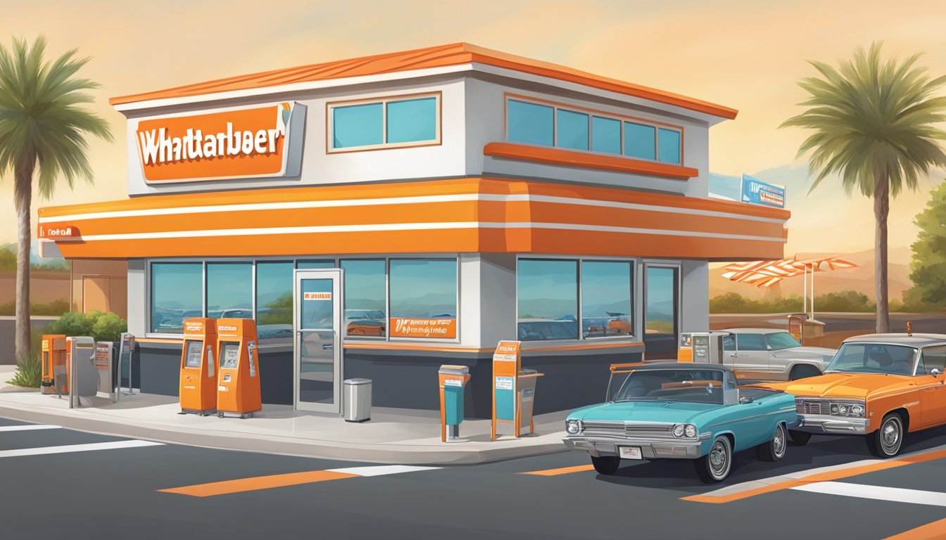 A bustling Whataburger drive-thru with colorful signage, efficient order stations, and a steady stream of cars