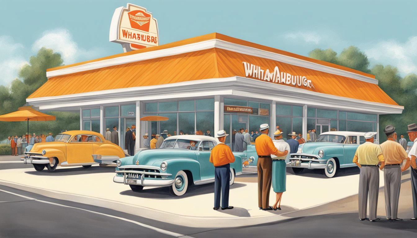 The founders of Whataburger, Harmon Dobson and Paul Burton, stand proudly in front of their first restaurant in 1950, as customers line up to try their famous burgers