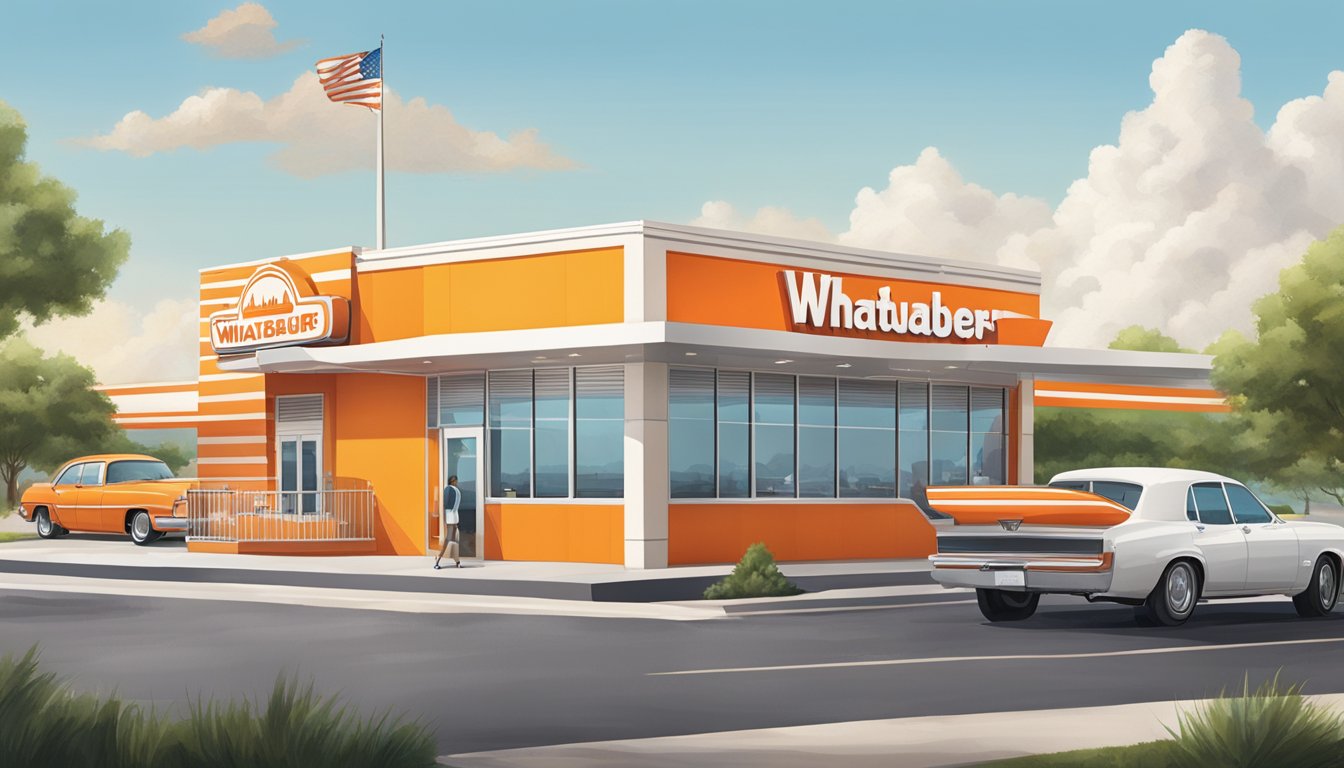 A bustling Whataburger restaurant with a drive-thru, outdoor seating, and a constant flow of customers and employees. The iconic orange and white striped building stands out against the Texas skyline