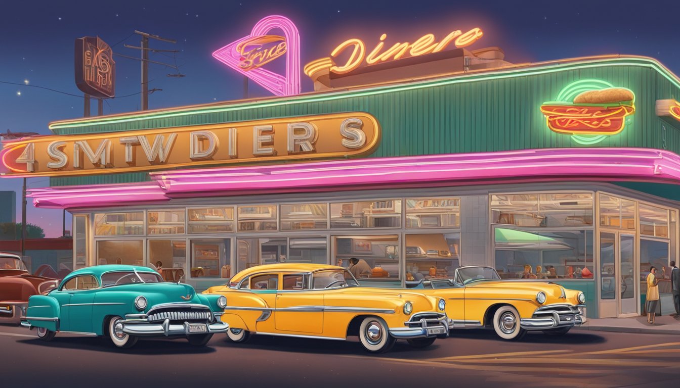 A vintage diner with a neon sign showcasing the "Five-Inch Bun" sandwich, surrounded by classic cars and bustling 1950s Texas street life