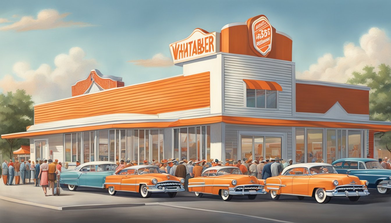 The bustling 1953 grand opening of the first Whataburger franchise in Alice, Texas, with a line of eager customers and a classic red and white striped building