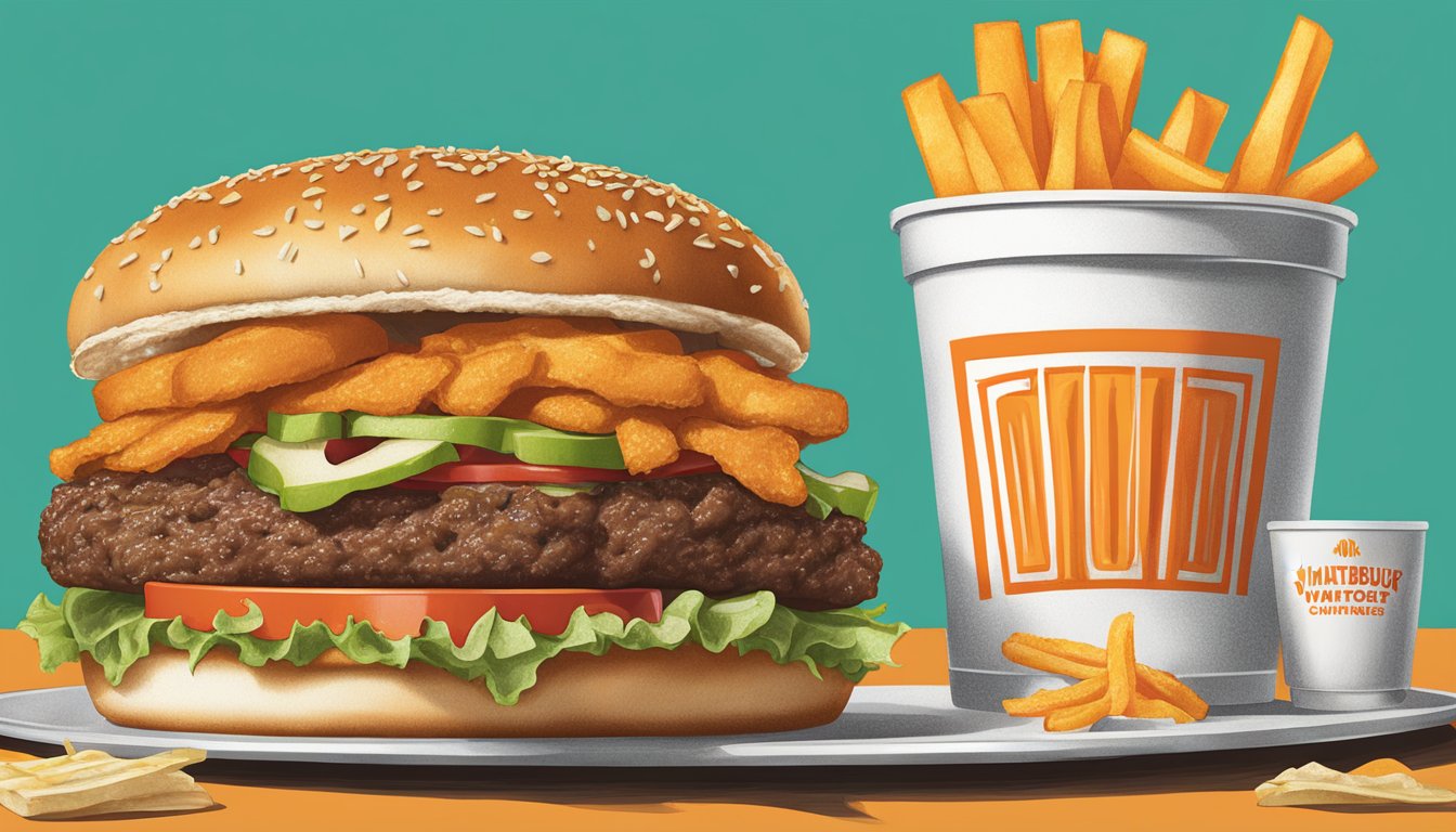 A sizzling Monterey Melt burger on a sesame seed bun, surrounded by iconic Whataburger menu items