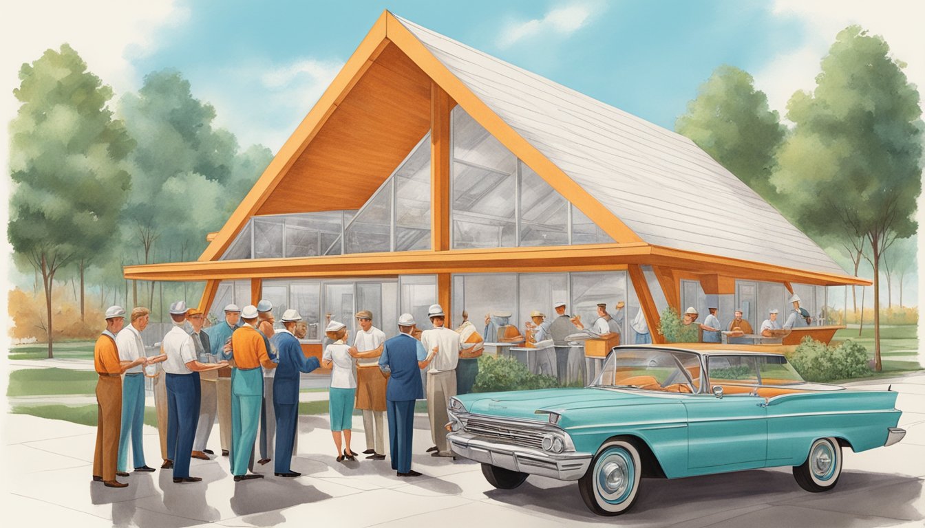 A group of architects and engineers gather around blueprints, discussing the creation of the iconic A-frame restaurant design for Whataburger in 1961