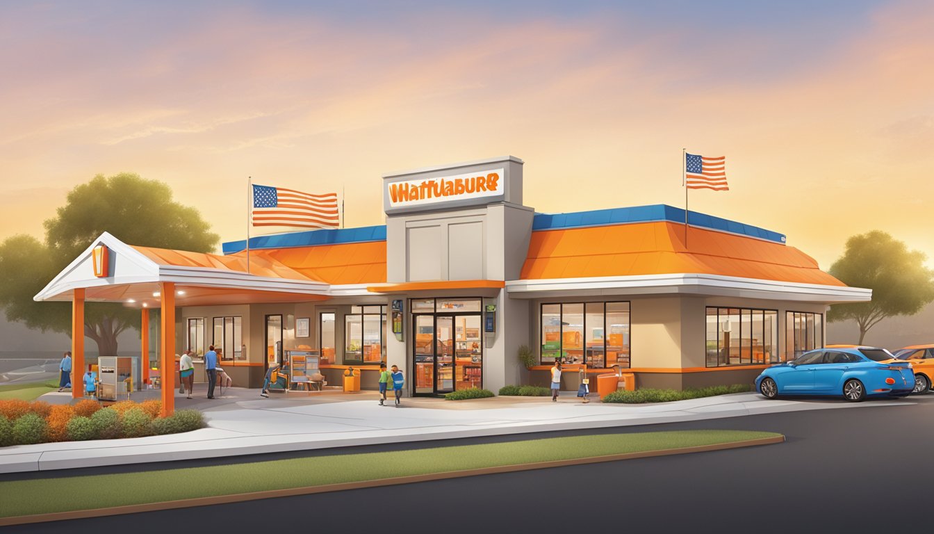 A bustling Whataburger restaurant with a colorful, inviting exterior, a drive-thru lane, outdoor seating, and a play area for children