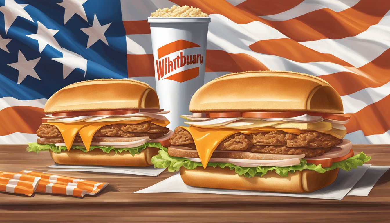 A delicious Whatachick'n Sandwich surrounded by iconic Whataburger menu items, with a Texas flag in the background