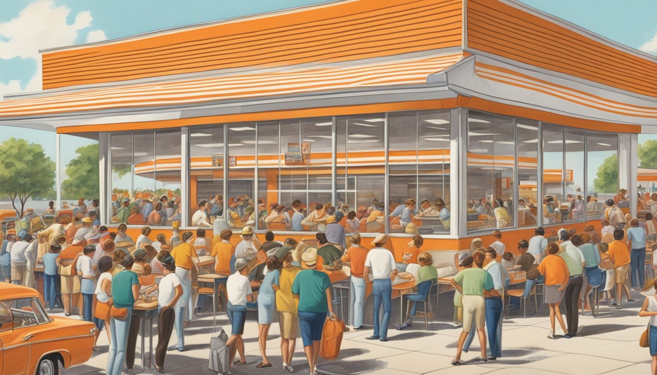 A crowded Whataburger restaurant in 1972, with customers eagerly trying the new Jalapeño and Cheese burger. The iconic orange and white striped building stands in the background