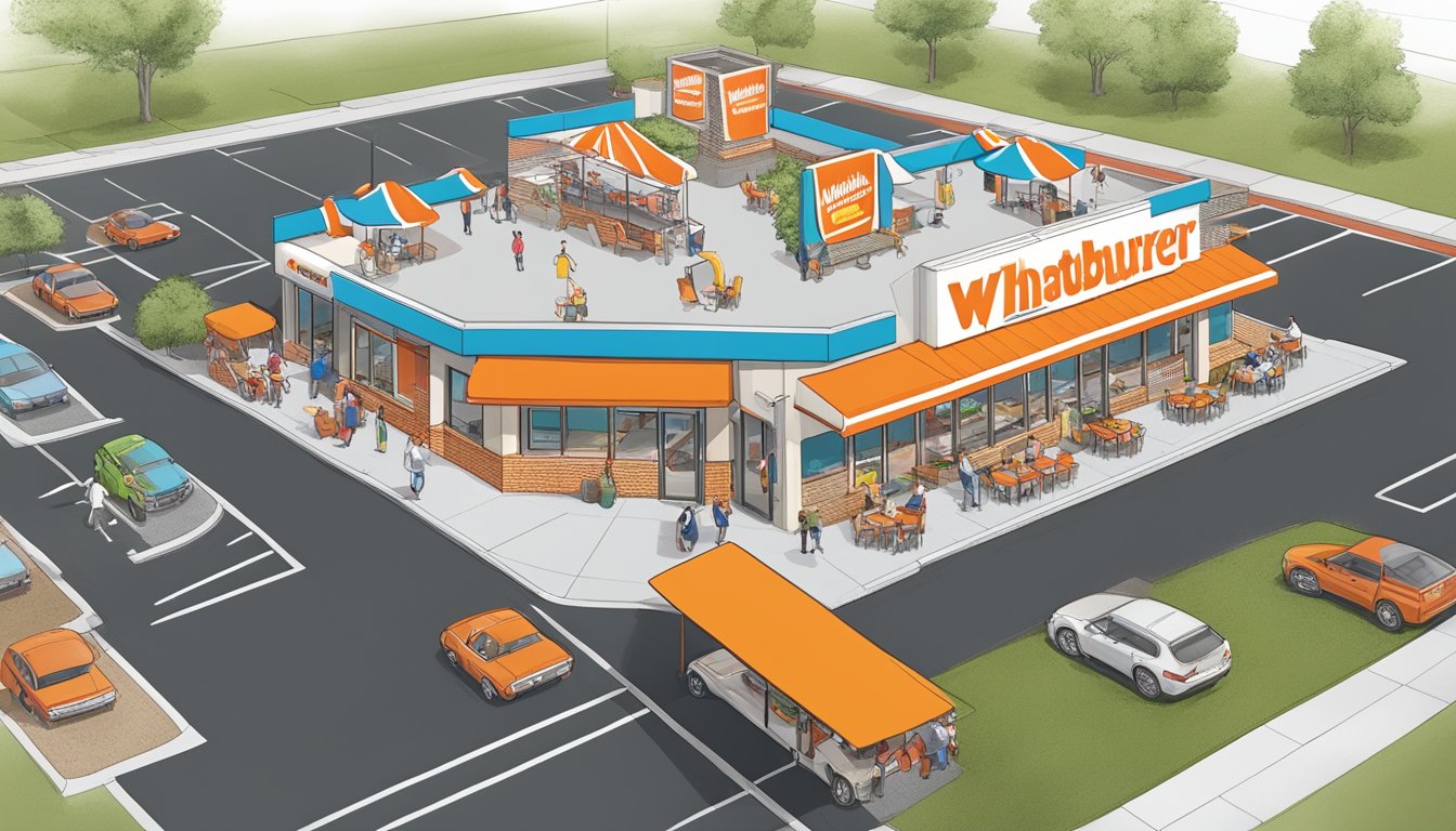 A bustling Whataburger with a drive-thru, outdoor seating, and a colorful playground, surrounded by a diverse mix of customers and smiling employees