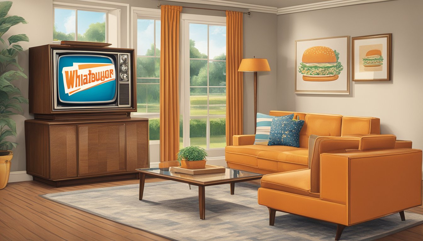 The Whataburger logo featured prominently in a 1979 TV commercial, with a retro television set and a nostalgic living room setting