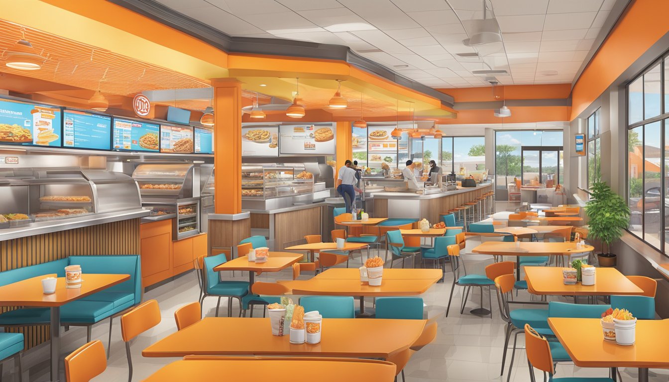 A bustling Whataburger restaurant with a colorful, distinct breakfast menu displayed on a large digital board, showcasing the eight innovative ways the fast-food chain has revolutionized the Texas dining scene