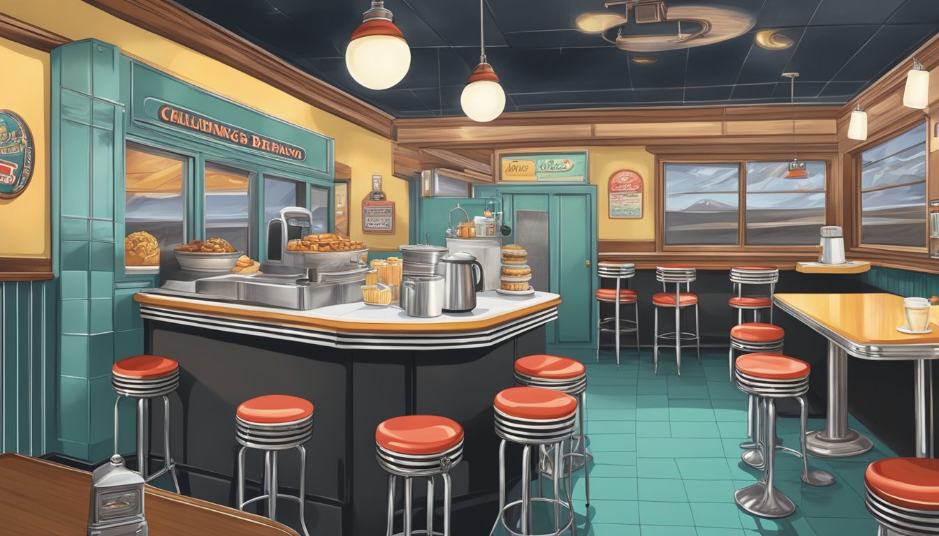 A vintage diner setting with a chalkboard menu featuring classic breakfast items, surrounded by nostalgic decor and memorabilia from the 1980s