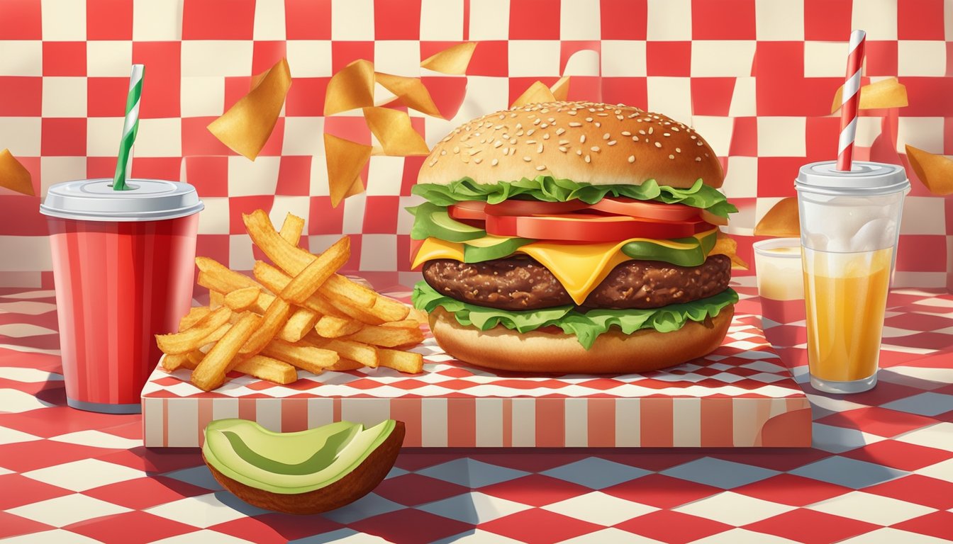 A mouthwatering avocado bacon burger sits on a checkered red and white paper wrapper, surrounded by golden fries and a cold drink