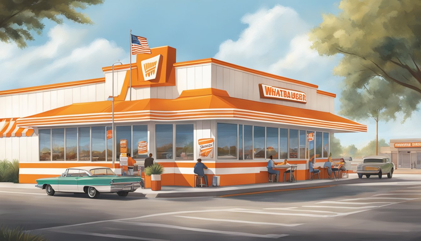 A bustling Whataburger restaurant with iconic orange and white striped awning, customers enjoying classic fast food meals, and the Texas flag proudly displayed