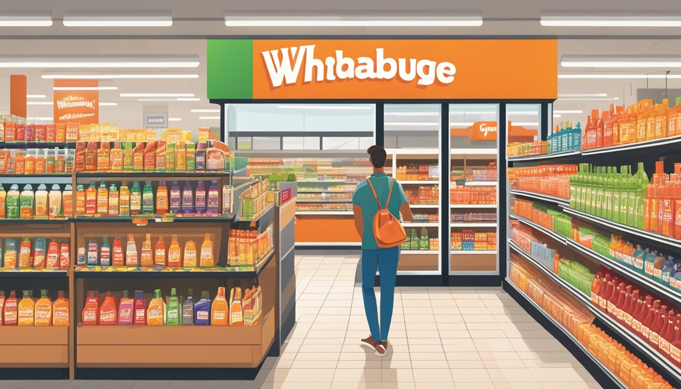 A bustling grocery store aisle with colorful Whataburger ketchup bottles on display, surrounded by excited customers and store employees