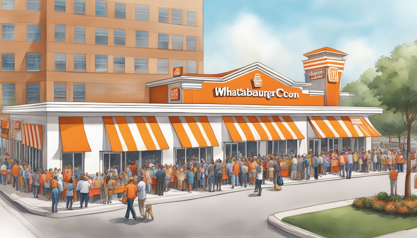 The grand opening of the 800th Whataburger location in 2015, with a bustling crowd and the iconic orange and white striped building