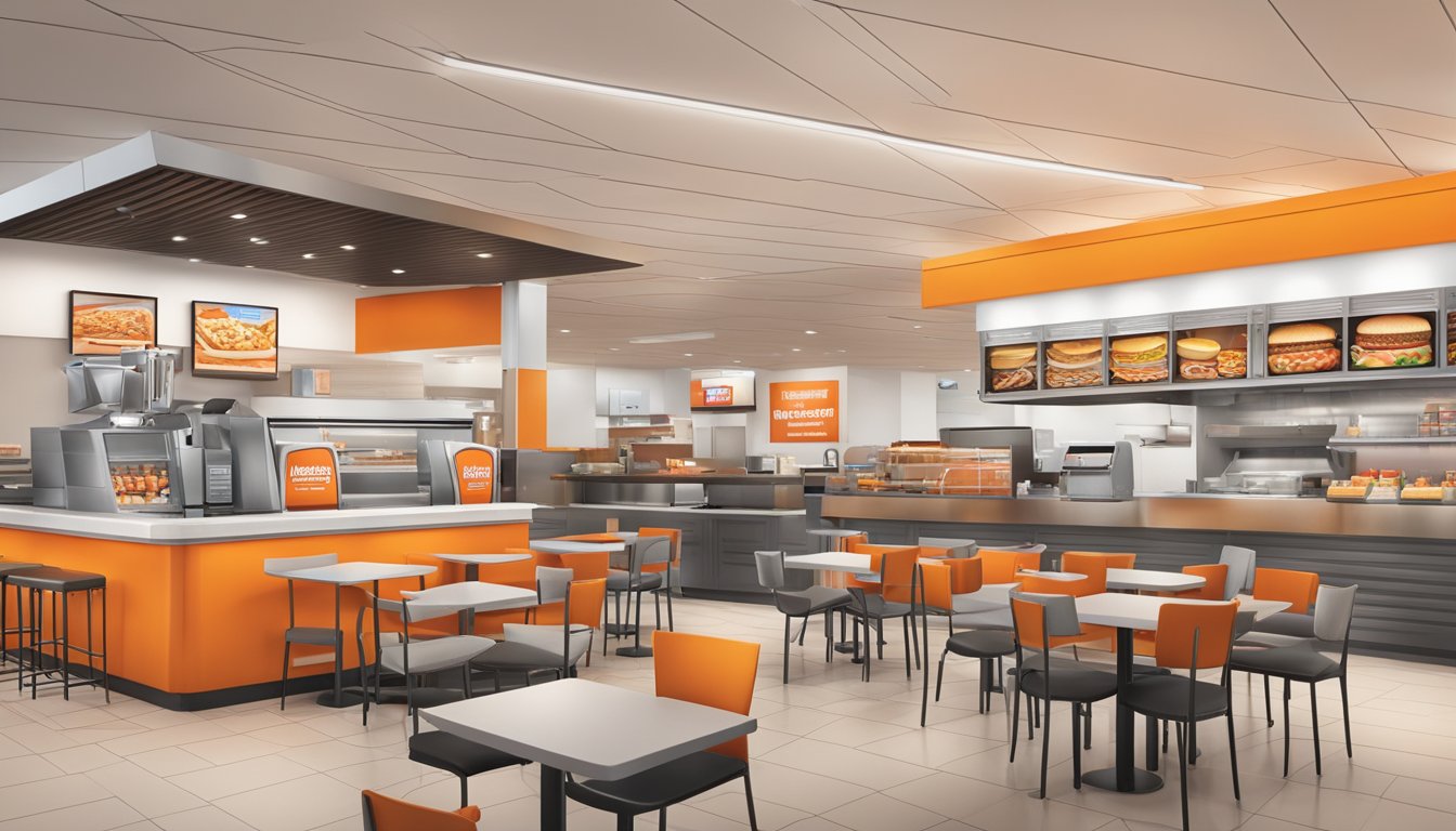 A bustling Whataburger restaurant with a drive-thru, outdoor seating, and a modern, sleek interior design. Staff efficiently serve customers while showcasing the innovative business practices that have revolutionized fast food in Texas