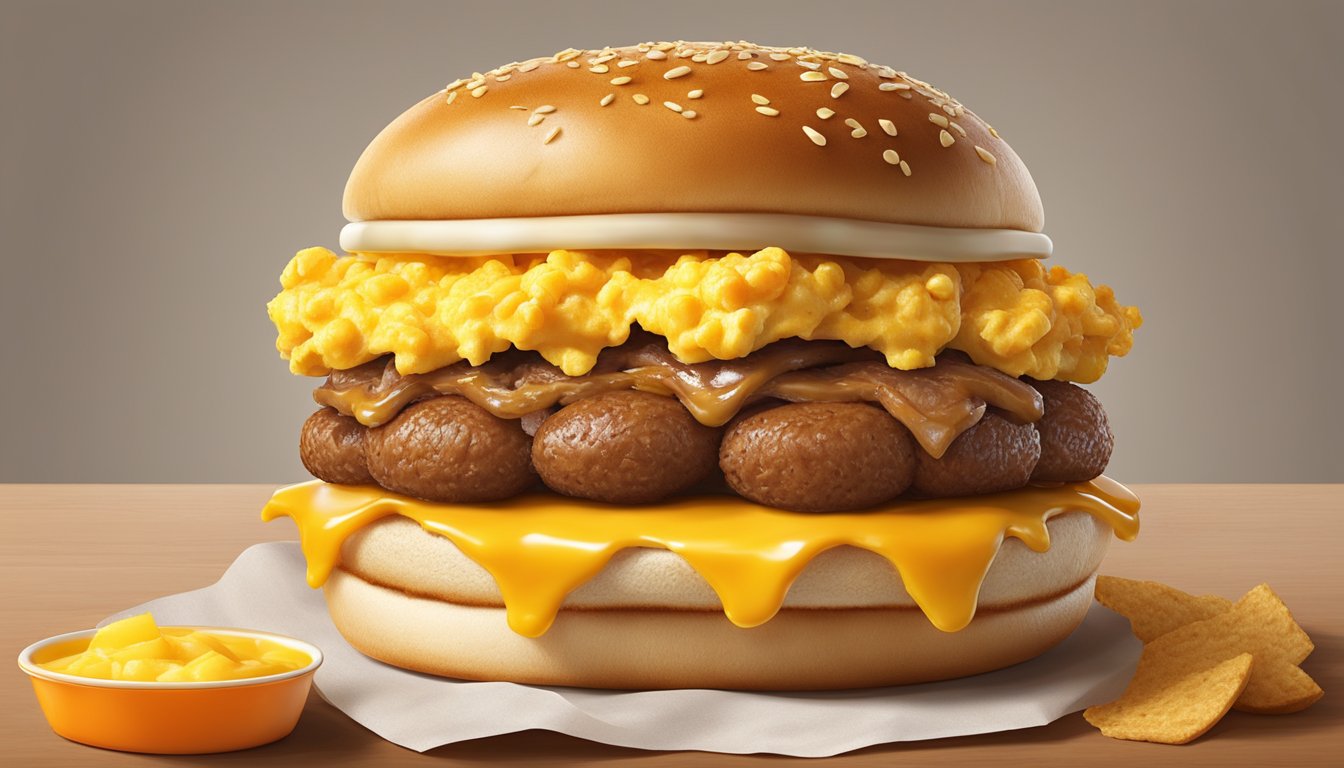 A classic Whataburger Breakfast on a Bun, with a juicy sausage patty, fluffy scrambled eggs, and melted cheese, nestled between two toasted buns