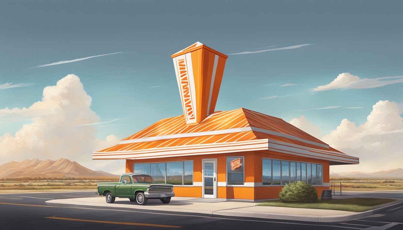 A bustling Whataburger restaurant with the iconic orange and white striped A-frame building, surrounded by the vast Texas landscape