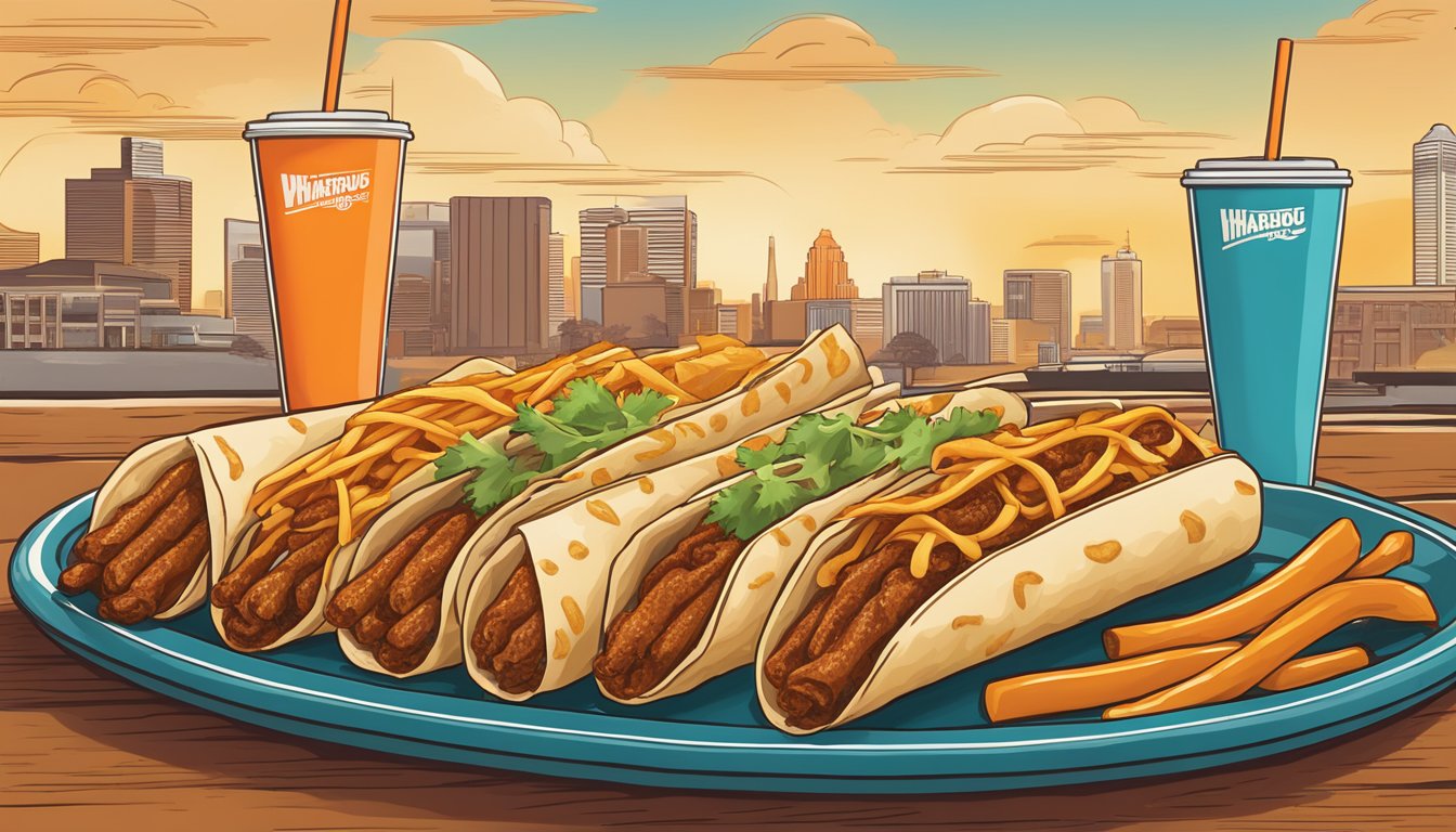 A colorful array of Whataburger menu items, including the iconic Chorizo Taquito, displayed on a tray against a Texas-themed backdrop