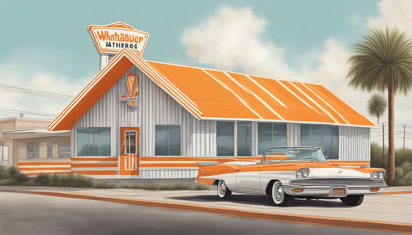 The iconic orange and white striped A-frame building of the original Whataburger location in Corpus Christi, Texas, with a vintage car parked out front