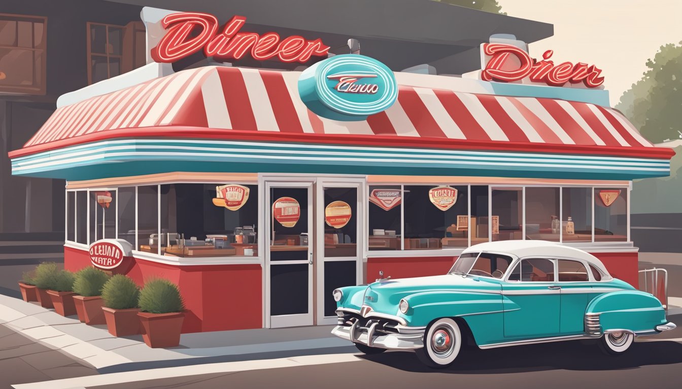 A vintage-style diner with a retro sign, red and white striped awnings, and a bustling drive-thru