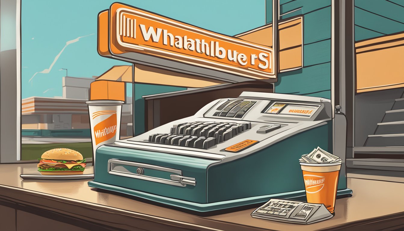 A vintage cash register with a 25-cent coin next to a classic Whataburger