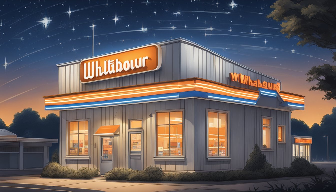 The iconic orange and white striped Whataburger building stands proudly against a starry night sky, with a glowing "Open 24 Hours" sign beckoning in customers