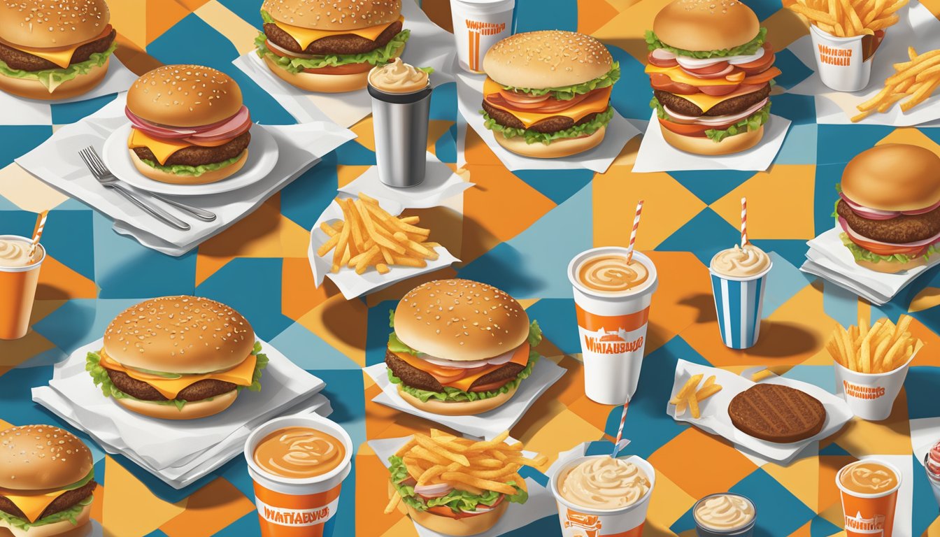 A colorful display of 15 iconic Whataburger menu items, including burgers, fries, and shakes, arranged on a checkered tablecloth with the iconic Whataburger logo in the background