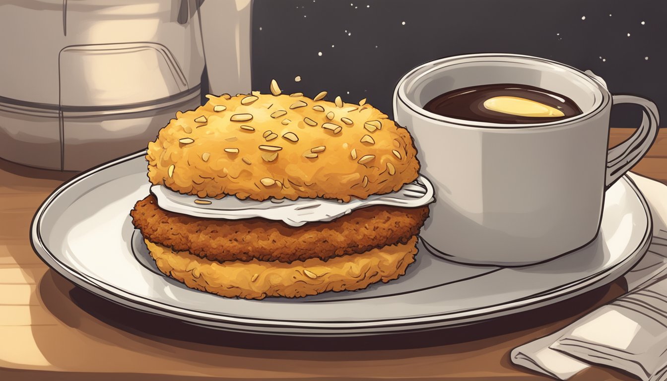 A golden-brown biscuit topped with honey butter and a crispy chicken patty, sitting on a plate next to a steaming cup of coffee