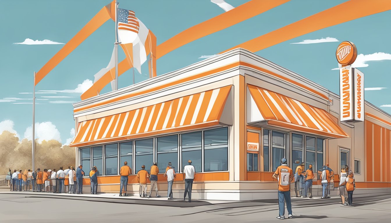 A bustling Whataburger restaurant with a long line of customers, employees working behind the counter, and the iconic orange and white striped building in the background