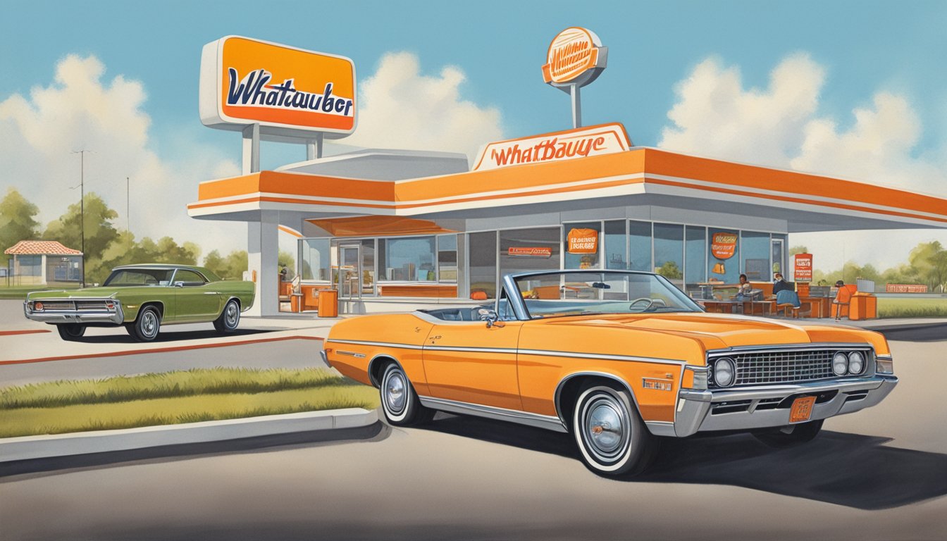 A vintage car pulls up to the first Whataburger drive-thru in 1971, with a classic sign and menu visible in the background