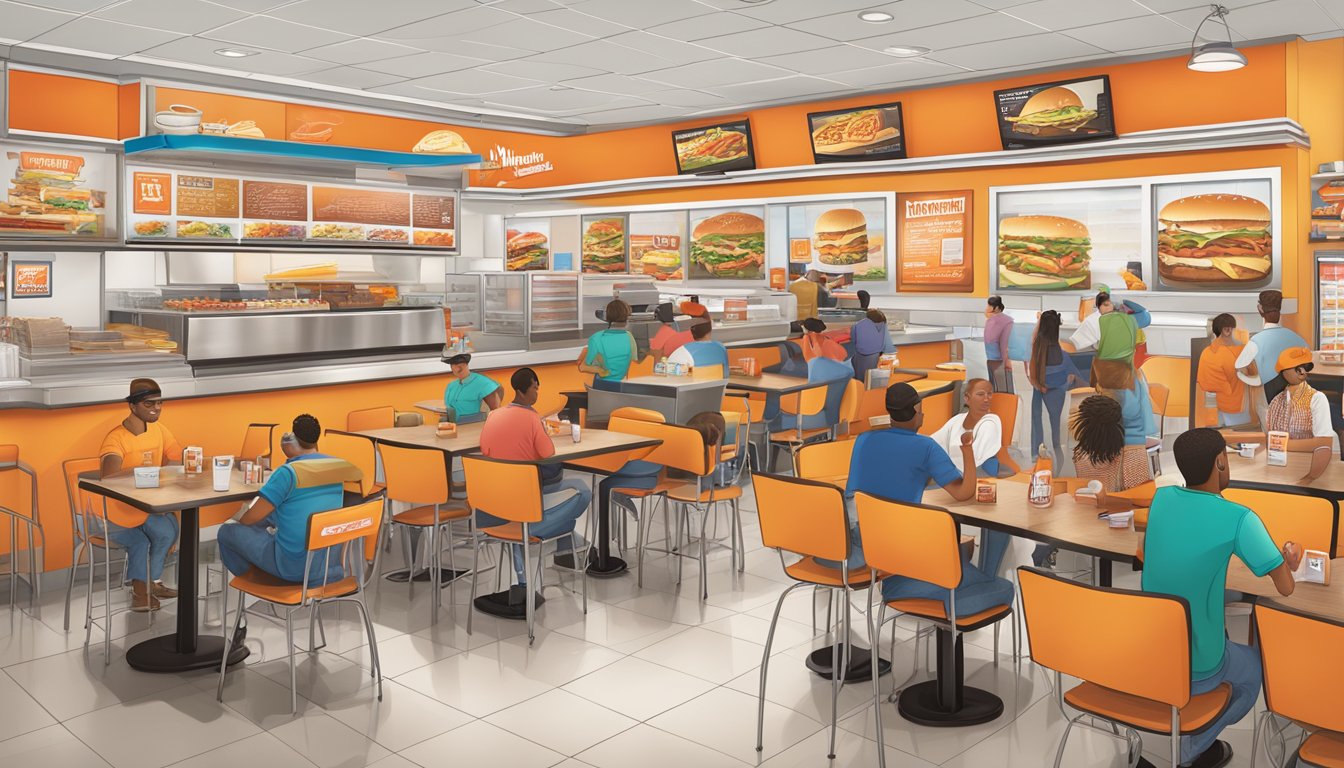 A bustling Whataburger restaurant with a colorful menu board and iconic menu items displayed, surrounded by enthusiastic Texan customers