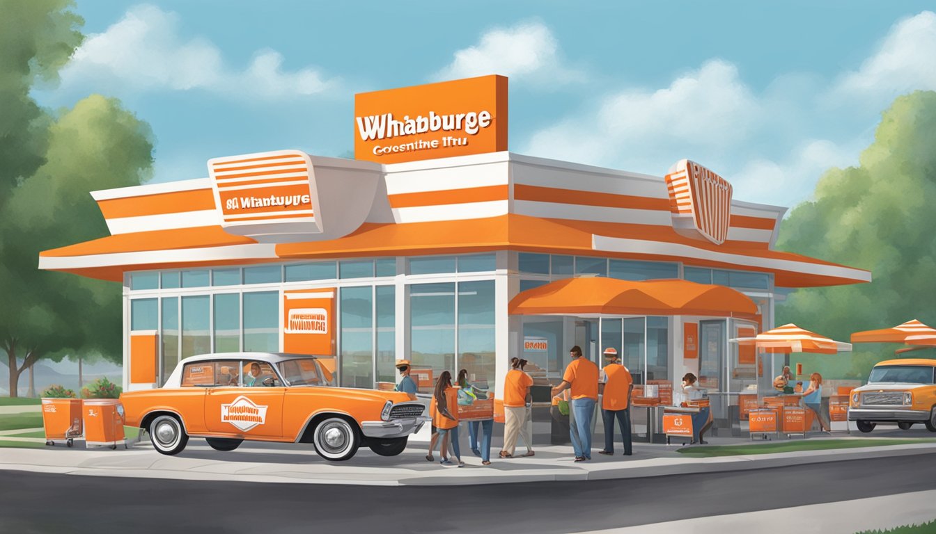 Customers in cars happily receive their Whataburger orders from the efficient and friendly drive-thru staff. The iconic orange and white striped building stands proudly in the background