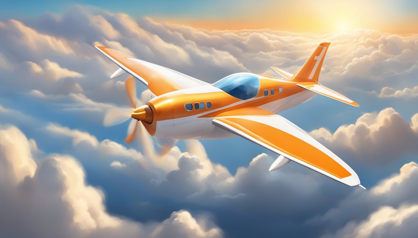 An orange and white airplane soaring through the sky, with clouds and a bright sun in the background