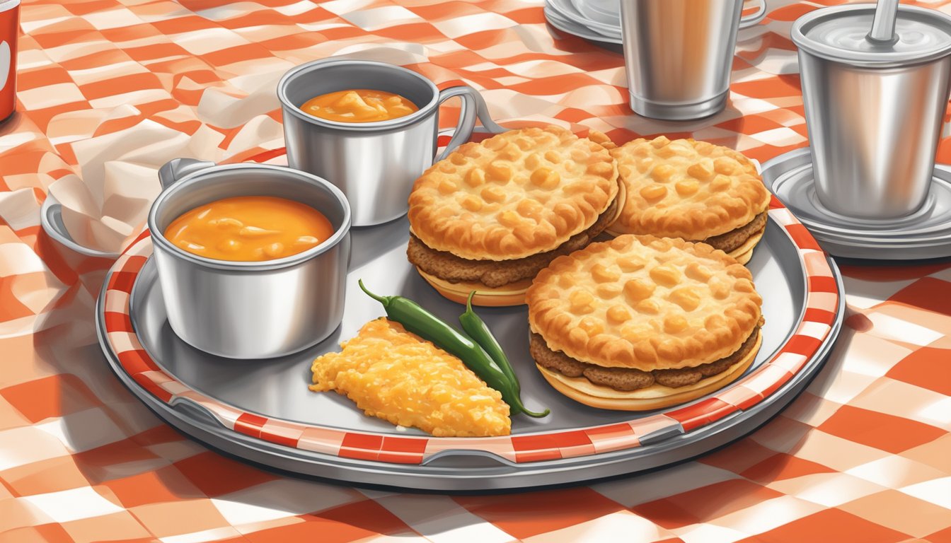 A steaming jalapeño cheddar biscuit is being served on a red and white checkered tray at a bustling Whataburger restaurant