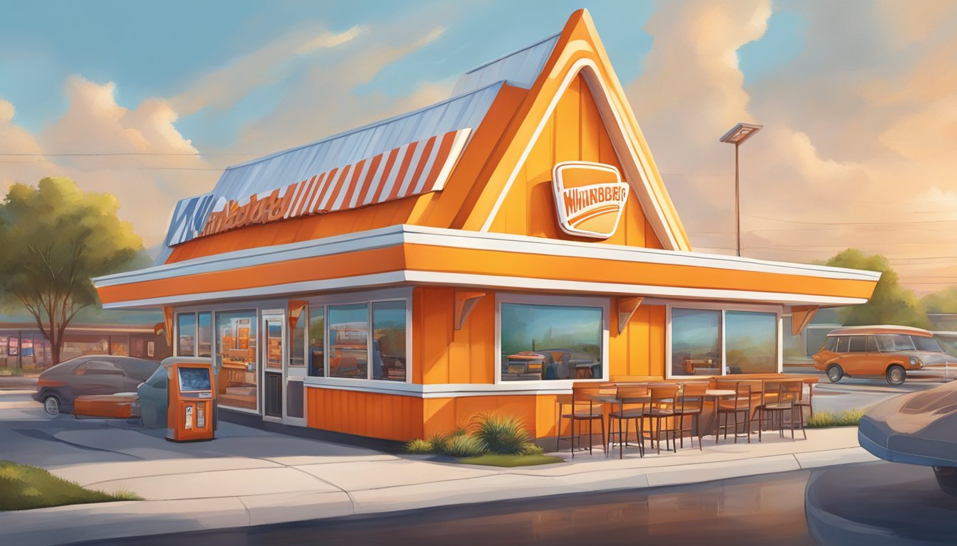 A bustling Whataburger A-frame building with a drive-thru, surrounded by colorful signage and a lively atmosphere