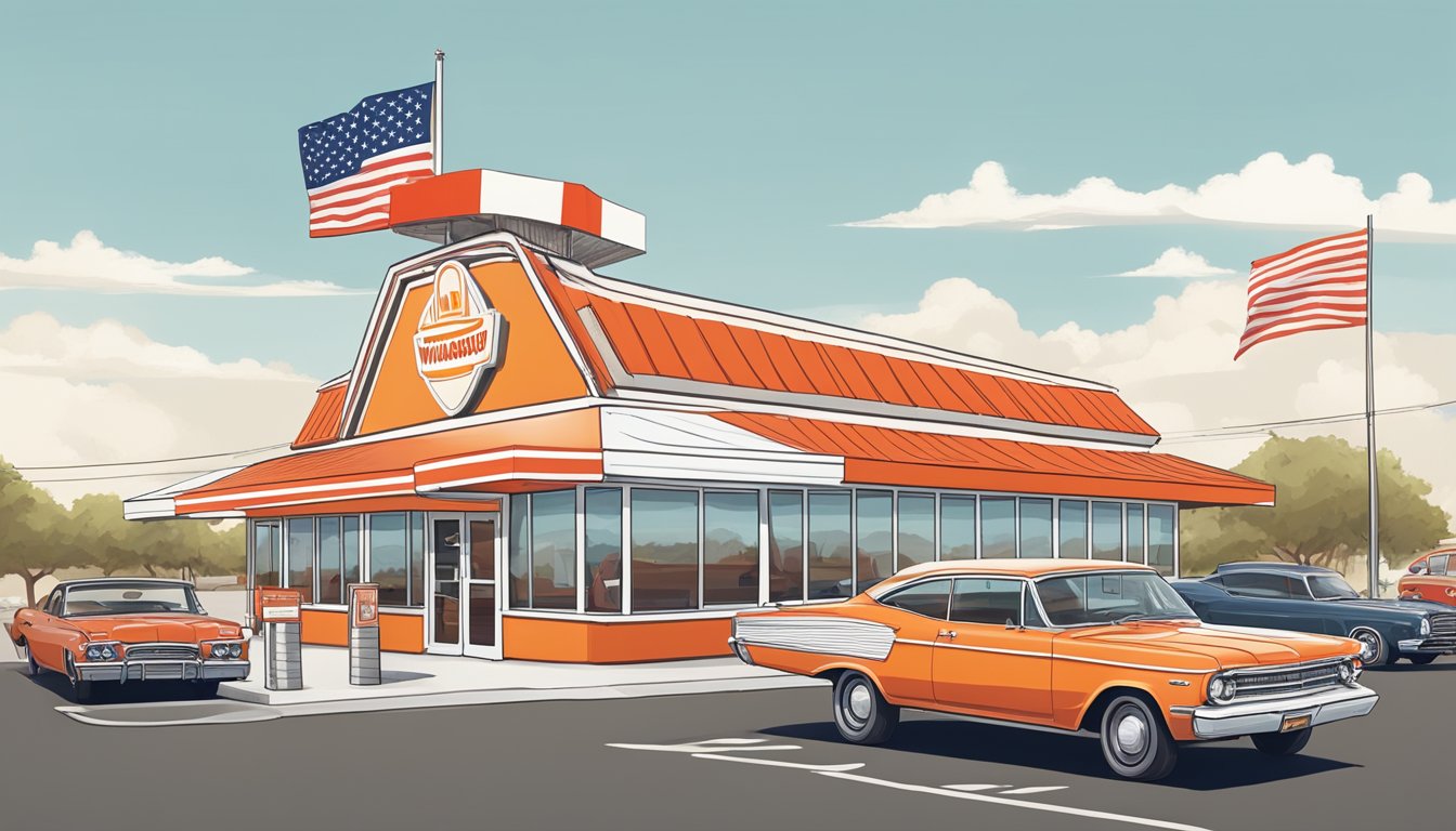 A bustling Whataburger restaurant with a classic red and white striped A-frame building, a drive-thru line of cars, and a Texas flag flying proudly in the background