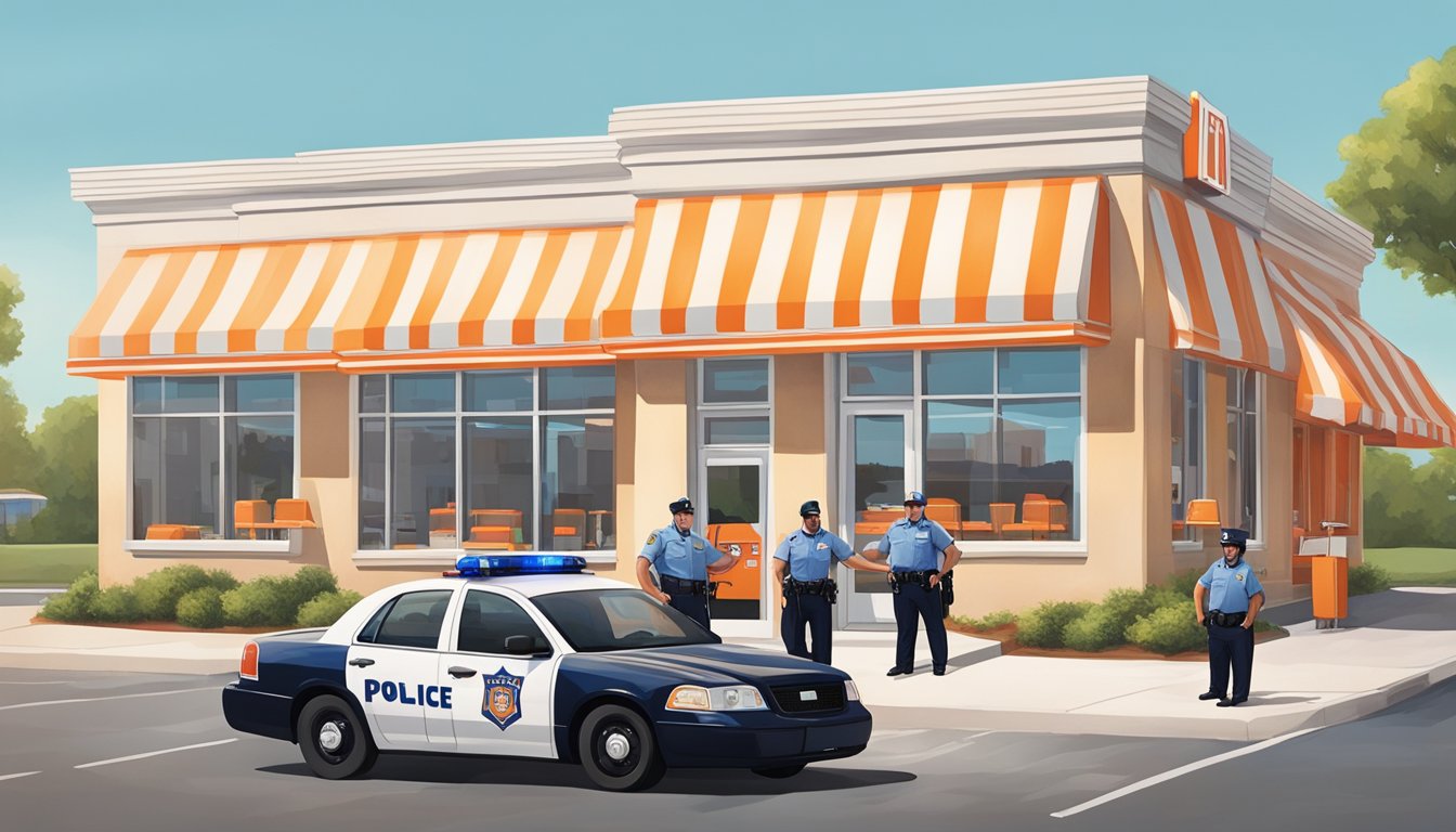 Local police officers happily receive free meals from a Whataburger employee at a restaurant, with the iconic orange and white striped building in the background