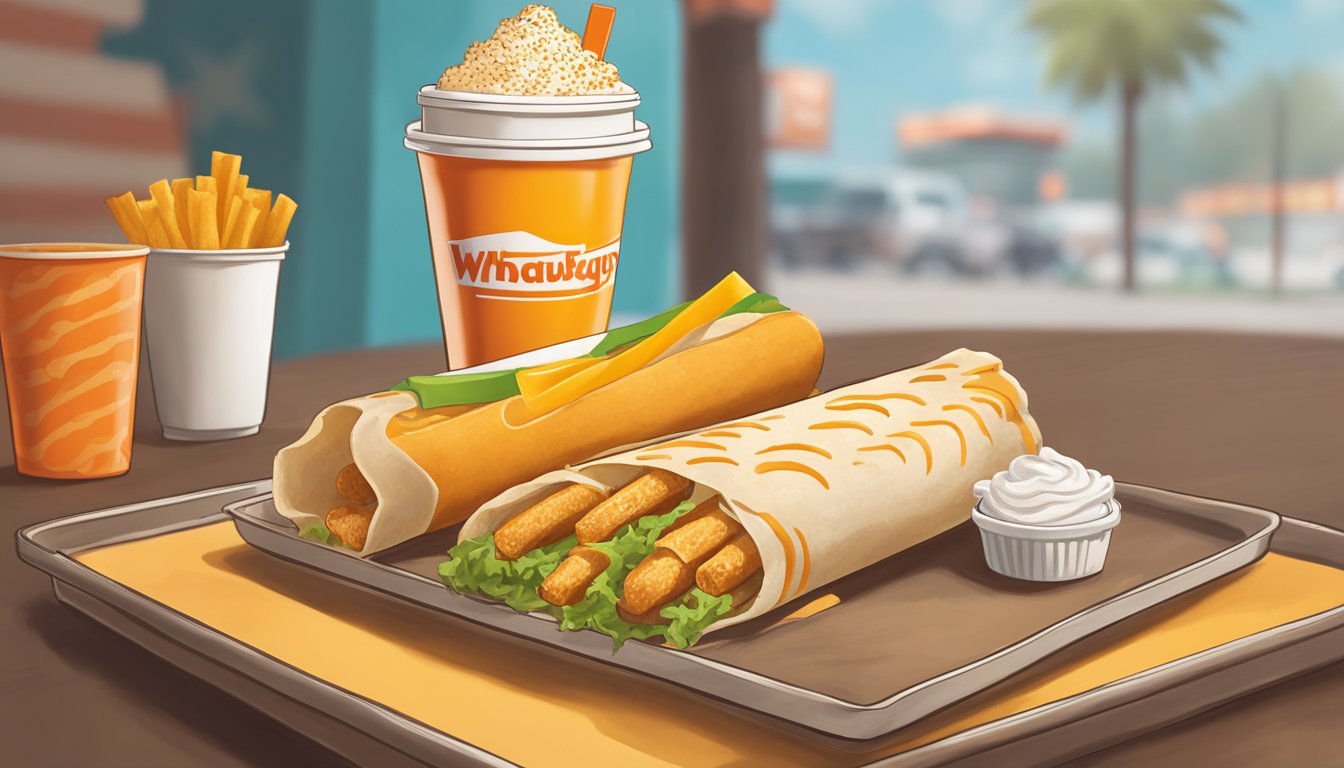 A steaming taquito with melted cheese sits on a tray next to a Whataburger cup, surrounded by Texas-themed decor