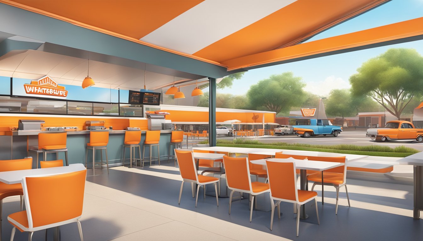 A colorful and bustling Whataburger restaurant with a classic A-frame design, drive-thru lanes, and a vibrant outdoor seating area